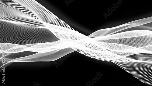 Abstract mesh black and white digital particles wave flow for futuristic hi tech technology background,Motion of digital data flow.big data background concept. Cyber or technology background 4k
