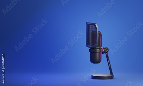 Black microphone, wireless, blue background There is free space 3d  rendering.