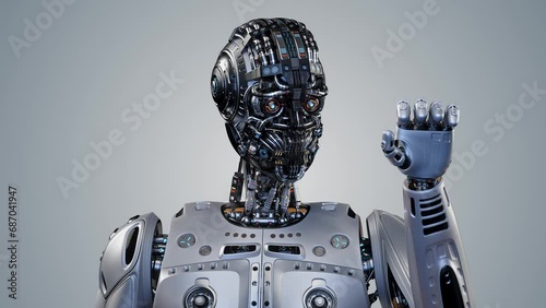 Very detailed humanoid cyborg or futuristic robot man looking at his arm. 3d rendering animation of the upper body isolated on color background with alpha