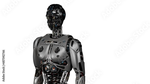 Futuristic robot man walk or male humanoid cyborg steps from right to left side of the screen. Upper body isolated on white background with alpha. 3d rendering animation