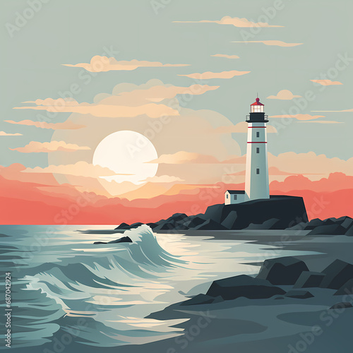 a minimalist coastal scene with a lighthouse and gentle waves.