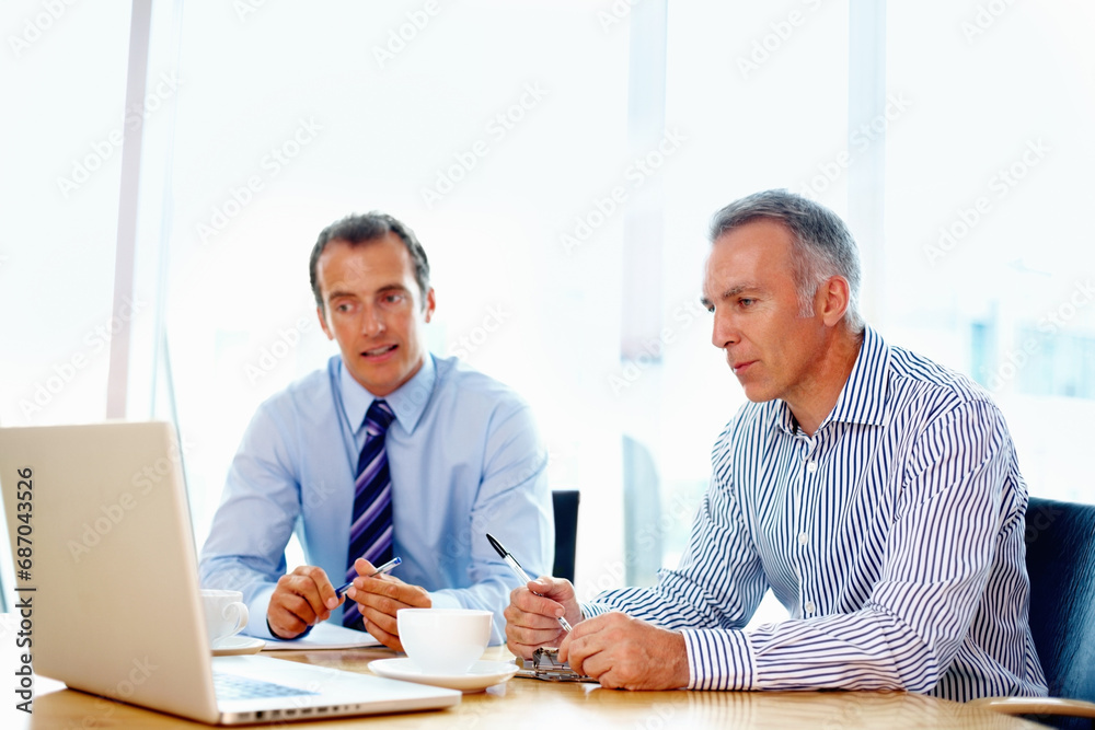 Obraz premium Business men, planning and teamwork on a laptop for advice, support and strategy in a financial meeting. Professional manager, mature boss or people talking of revenue, sales or profit on a computer