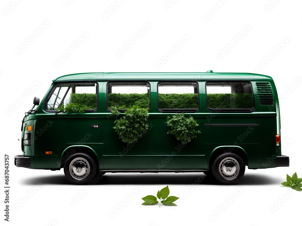 a minibus with green leaves and renewable energy symbols to highlight eco-tourism a minibus with green leaves and renewable energy symbols to highlight eco-tourism