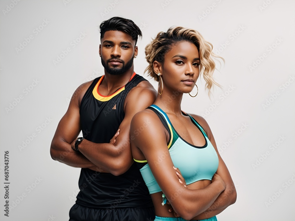 A couple in sport wear, standing back to back