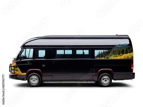 a minibus with a landscape of mountains and forests