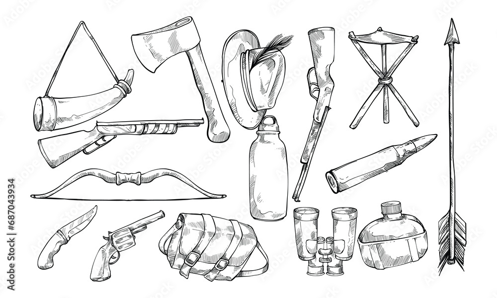 hunter equipment handdrawn collection hunter equipment handdrawn collection