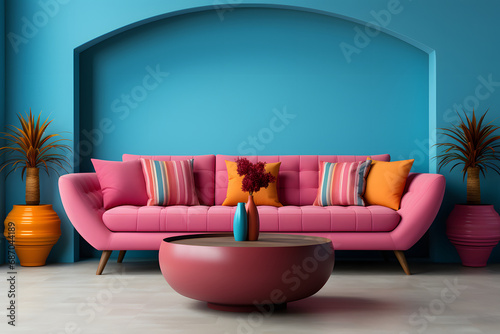 Modern living room interior with blue walls and pink sofa decorated with orange cushions and vase of flowers. ai generated