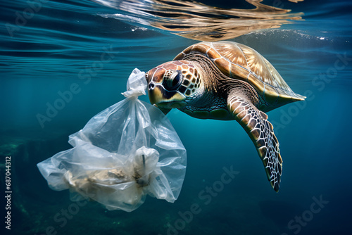 Sea Turtle Encounter, portraying a powerful scene of a sea turtle swimming in the ocean .plastic bag floating in the water.save world with no plastic. © Sara_P