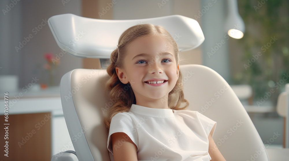 Portrait of a smiling kid sitting in the dentist's office. Laughing caucasian girl with perfect teeth waiting in a doctor's cabinet. Cheerful young child, going through dental treatment. Portrait of a smiling kid sitting in the dentist's office. Laughing caucasian girl with perfect teeth waiting in a doctor's cabinet. Cheerful young child, going through dental treatment.