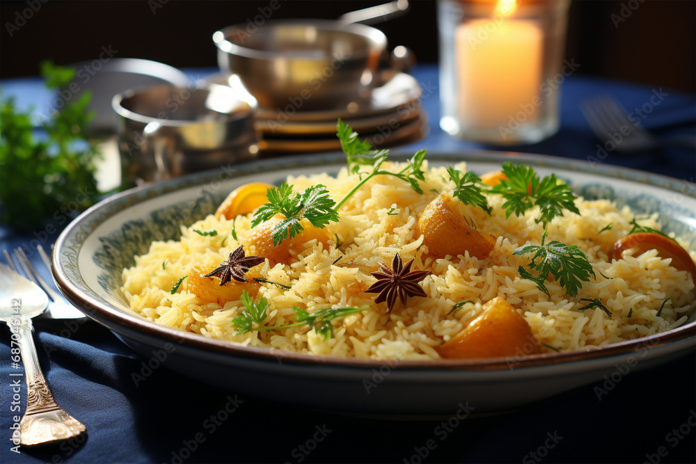 Pilau served on a luxurious plate