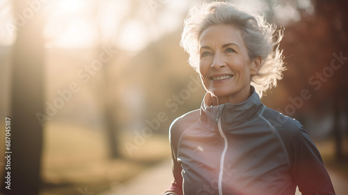 Portrait of smiling beauty senior woman running jogging for healthy fitness lifestyle on blurred background at sunset