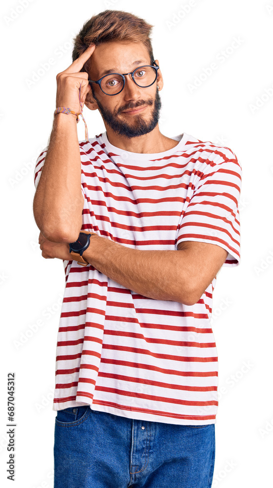 Handsome blond man with beard wearing casual clothes and glasses worried and stressed about a problem with hand on forehead, nervous and anxious for crisis Handsome blond man with beard wearing casual clothes and glasses worried and stressed about a problem with hand on forehead, nervous and anxious for crisis