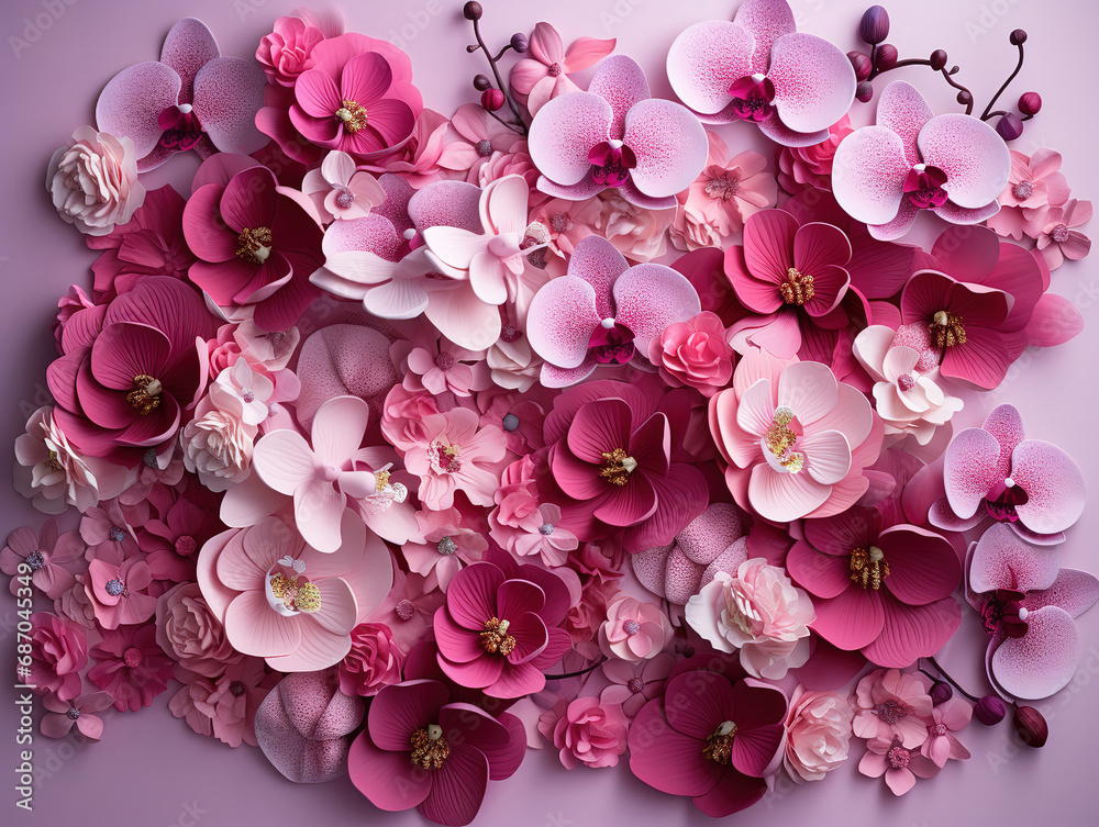 Flat lay pink orchids and hydrangea. Generative Ai