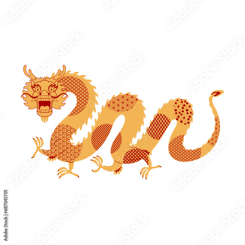 Asian zodiac sign  Chinese dragon with patterns character flat illustration. 2024 Lunar New Year hand drawn vector. Asian style design. Element for traditional holiday card  banner  poster  decor