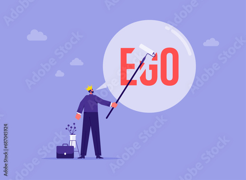 Reducing ego, cultivating humility, recognizing value in different perspective, being open to feedback and constructive criticism, businessman deflating word EGO photo