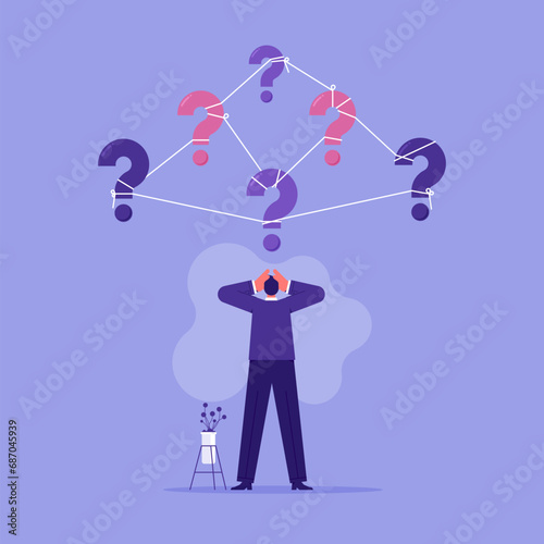 Frustration or depression from complex problems at work, stress or anxiety due to business difficulty concept, stressed businessman holding his head with many question marks with messy question signs