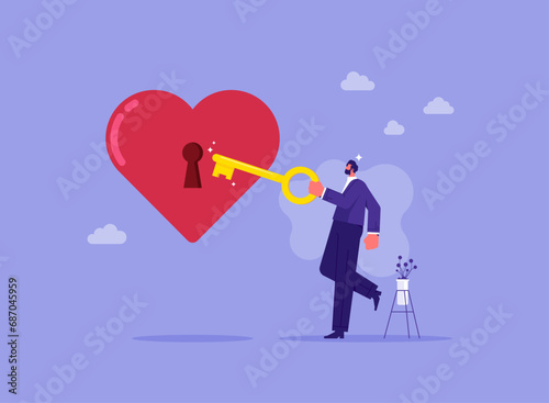 Unlock the heart of your business concept, mental health, relationship, man holding key to unlock a heart, metaphor of trusting person or psychologist