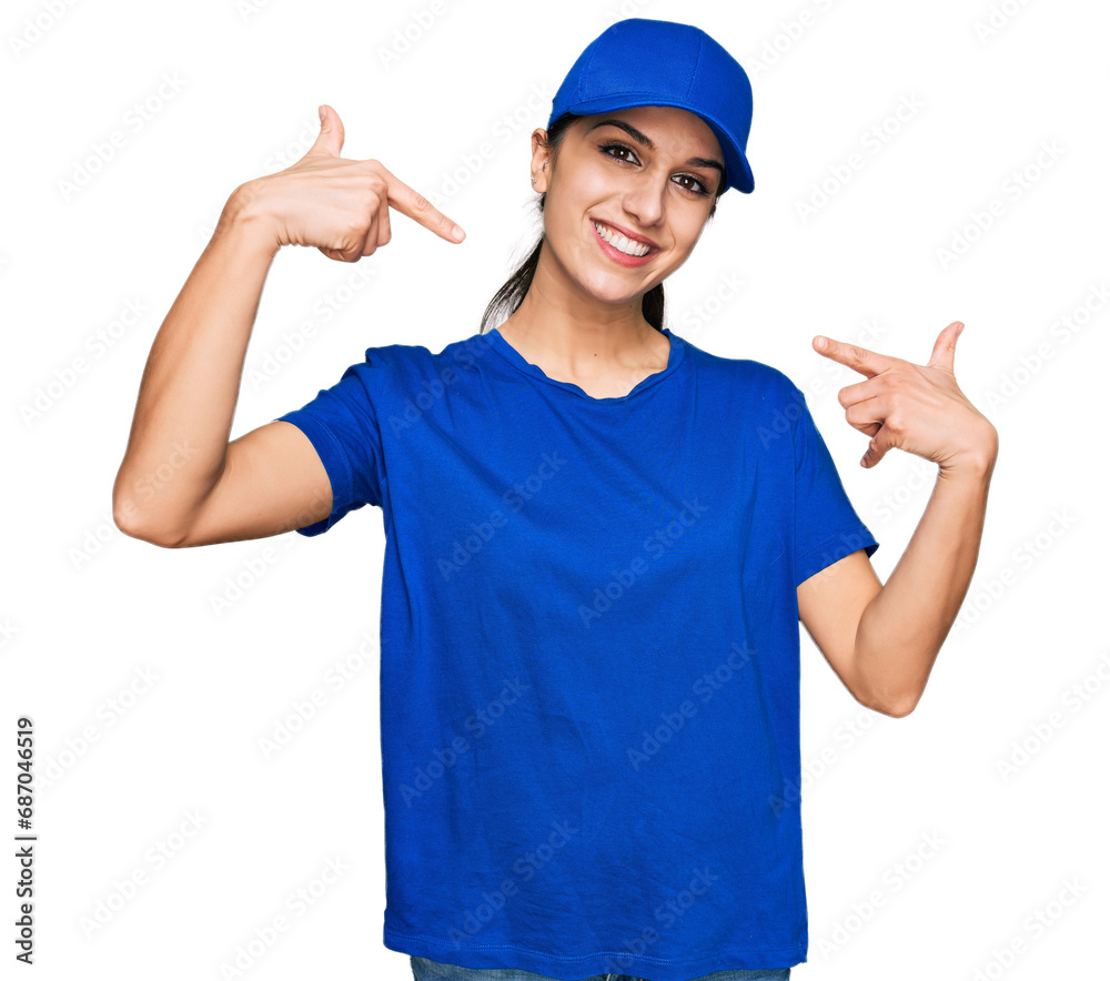 Young hispanic girl wearing delivery courier uniform smiling cheerful showing and pointing with fingers teeth and mouth. dental health concept. Young hispanic girl wearing delivery courier uniform smiling cheerful showing and pointing with fingers teeth and mouth. dental health concept.