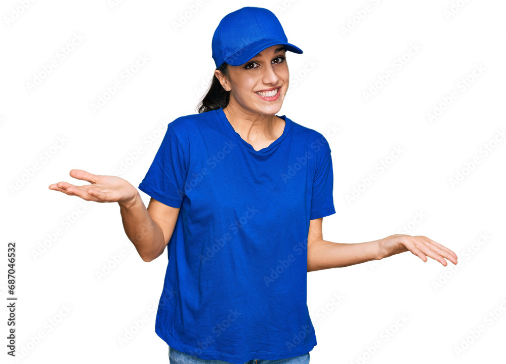 Young hispanic girl wearing delivery courier uniform clueless and confused expression with arms and hands raised. doubt concept.