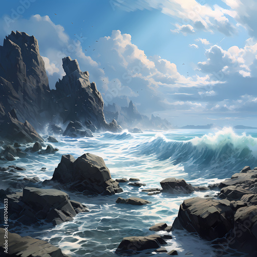 a simple seascape with a rocky shore and crashing waves.