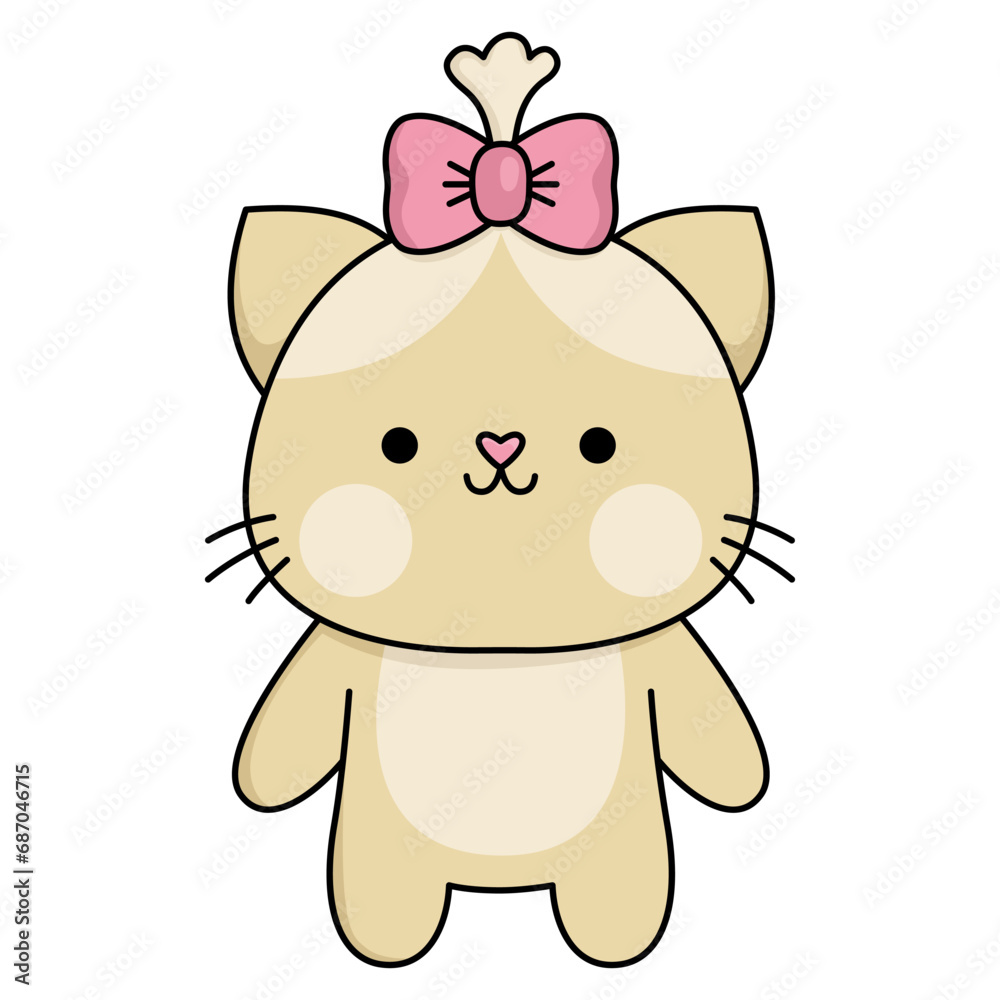 Vector cartoon kawaii cat girl with bow. Line kitty isolated clipart. Cute kitten colored outlined illustration. Funny Saint Valentine day icon for kids with love concept. Vector cartoon kawaii cat girl with bow. Line kitty isolated clipart. Cute kitten colored outlined illustration. Funny Saint Valentine day icon for kids with love concept.
