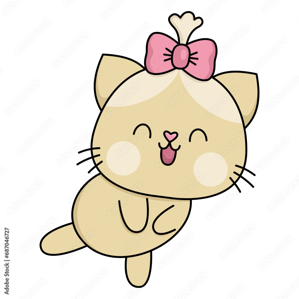 Vector cartoon kawaii shy cat girl with bow. Kitty isolated clipart. Cute kitten colored outlined illustration. Funny Saint Valentine day icon for kids with love concept. Vector cartoon kawaii shy cat girl with bow. Kitty isolated clipart. Cute kitten colored outlined illustration. Funny Saint Valentine day icon for kids with love concept.