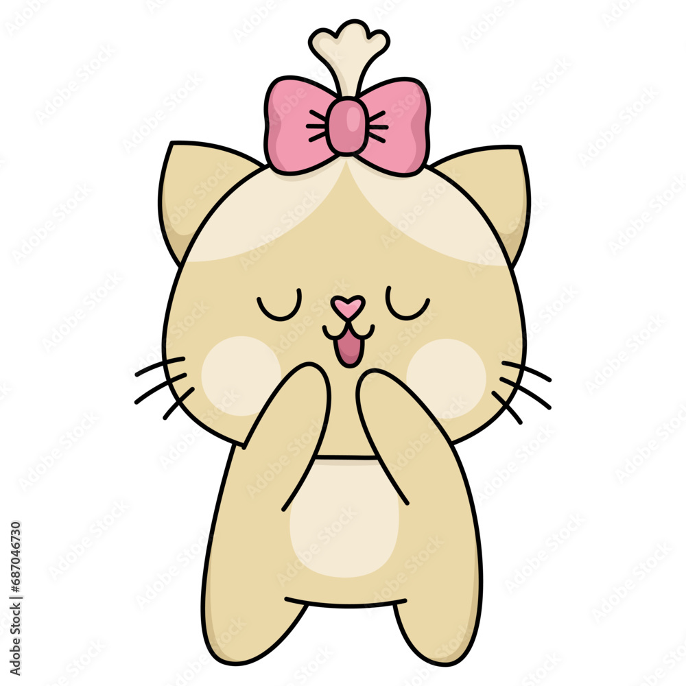 Vector cartoon kawaii shy cat girl with bow. Kitty isolated clipart. Cute kitten colored outlined illustration. Funny Saint Valentine day icon for kids with love concept. Vector cartoon kawaii shy cat girl with bow. Kitty isolated clipart. Cute kitten colored outlined illustration. Funny Saint Valentine day icon for kids with love concept.