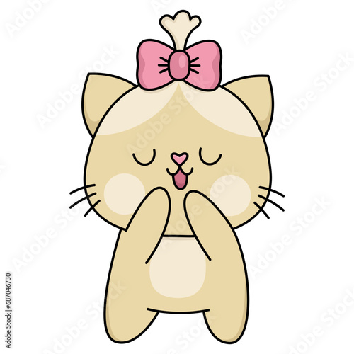 Vector cartoon kawaii shy cat girl with bow. Kitty isolated clipart. Cute kitten colored outlined illustration. Funny Saint Valentine day icon for kids with love concept.