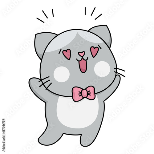 Vector cartoon kawaii cat boy with heart shaped eyes. Line kitty isolated clipart. Cute overjoyed kitten in love. Funny Saint Valentine day icon for kids .