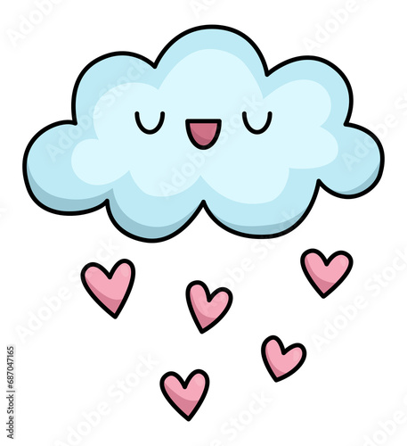 Vector cartoon kawaii cloud raining with hearts. Nature object isolated clipart. Cute illustration. Funny Saint Valentine day icon for kids with love concept.