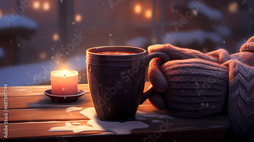 A pair of warm mittens holding a hot cup of cocoa with a blurred background photo