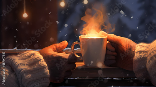 A pair of warm mittens holding a hot cup of cocoa with a blurred background