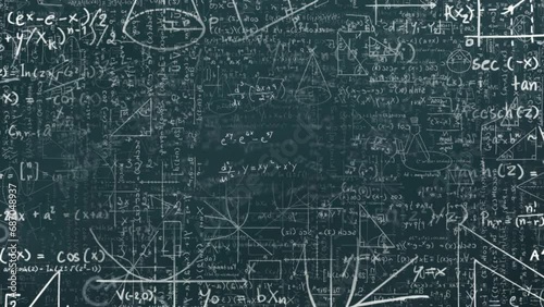 Animation of mathematical equation and diagrams over blackboard photo