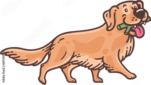 A Funny Cartoon Golden Retriever Dog Running with a Bone in Its Mouth