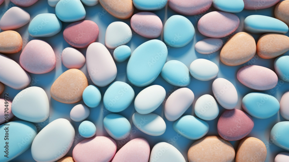Colored stones on blue background. Computer digital drawing.