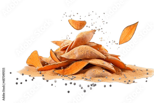 Chips Sweet potato flying with springkled of sugar powder On Transparent Background