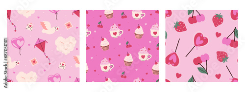A set of seamless patterns with Valentine s Day items. Vector graphics.