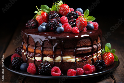 Chocolate cake with icing and fresh berry on a wooden background. Selective focus.