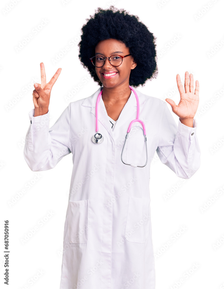 Young african american woman wearing doctor coat and stethoscope showing and pointing up with fingers number seven while smiling confident and happy. Young african american woman wearing doctor coat and stethoscope showing and pointing up with fingers number seven while smiling confident and happy.