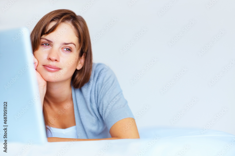 Relax, laptop and woman on bed thinking of email, social media or online chat website in home. Computer, morning and girl with mockup, networking idea or internet search for communication in bedroom. Relax, laptop and woman on bed thinking of email, social media or online chat website in home. Computer, morning and girl with mockup, networking idea or internet search for communication in bedroom.