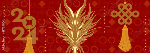 On a background of traditional Chinese lucky symbols, a golden dragon head, 2024 and coins. Chinese knots, (mean’s longevity and eternity) are used to celebrate the Chinese New Year