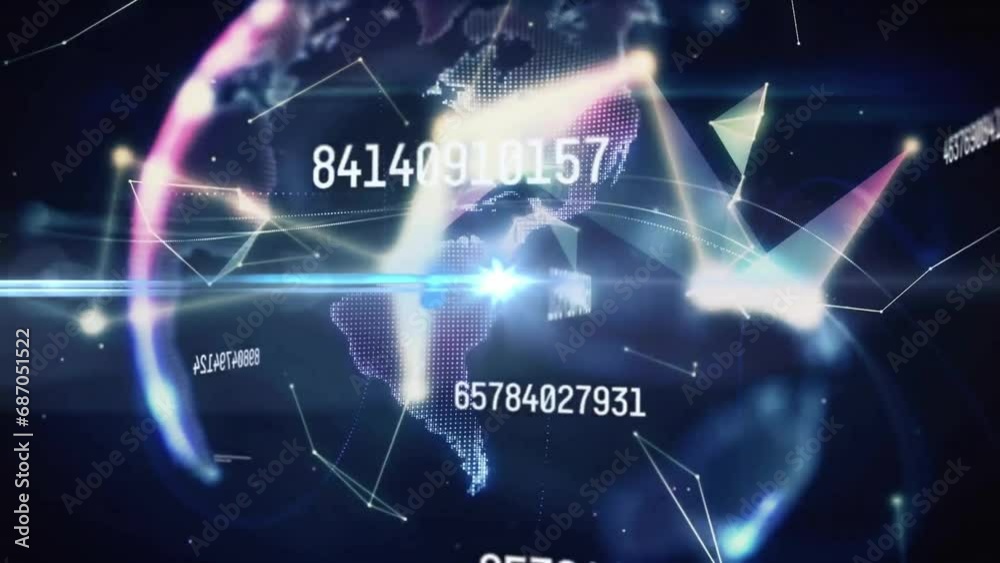 Animation of changing numbers, connected dots and globe of cropped hand of caucasian man