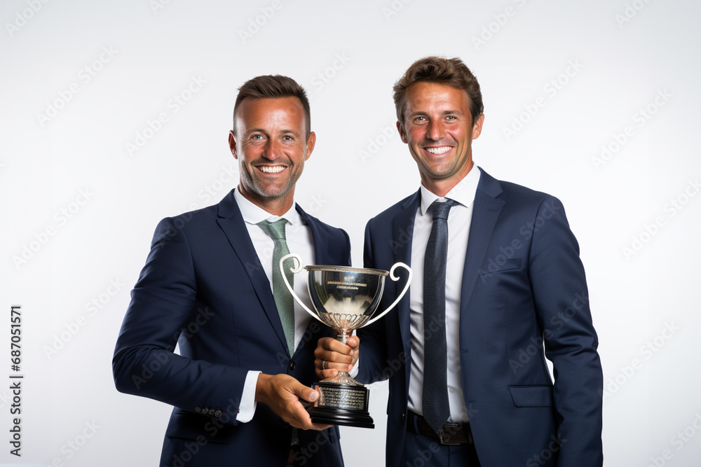 two businessman holding a trophy celebrating successful business achievement two businessman holding a trophy celebrating successful business achievement