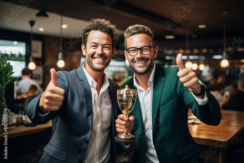 two businessman holding a trophy celebrating successful business achievement photo