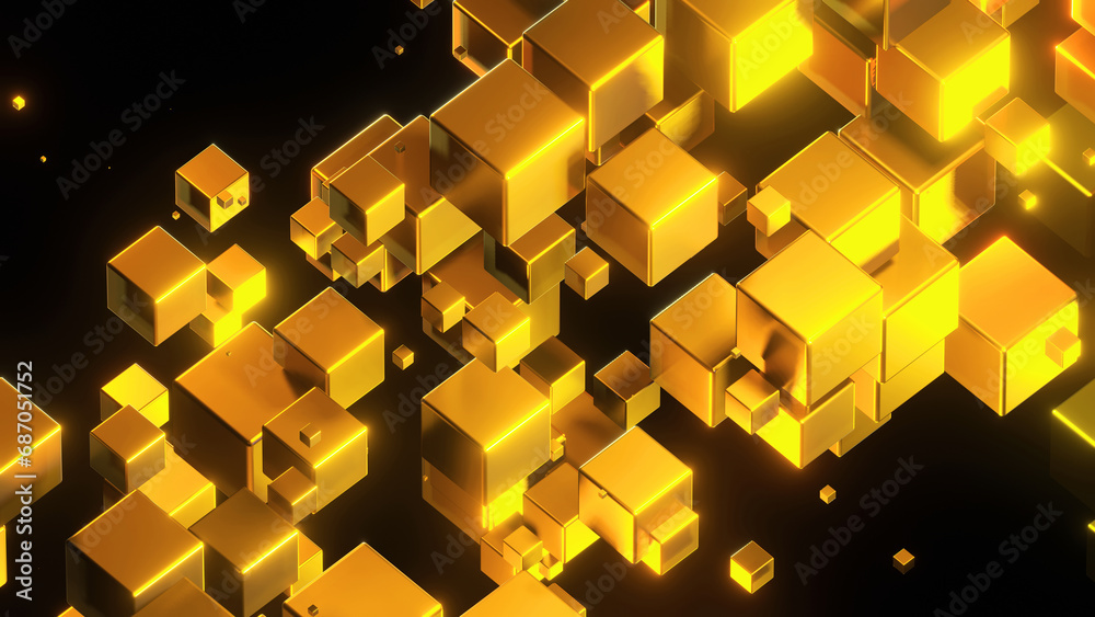 Abstract background 3D, many gold cubes with neon golden glow on black, interesting science technology background. Abstract background 3D, many gold cubes with neon golden glow on black, interesting science technology background.