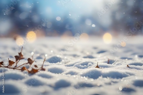 Winter Wonderland Bliss: Traditional Christmas Scene with Snowy Landscape and Sunny Sky Bokeh. Generative AI.