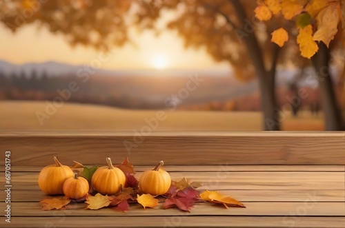 Autumn Elegance  Tabletop Product Display Amidst a Golden Sunset Sky and Falling Leaves. 