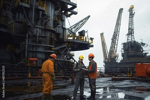 engineers discussing on a project with oild and gas refineries background photo