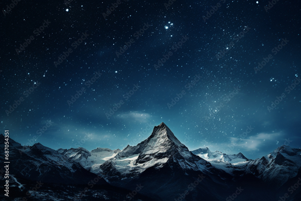 A minimalistic graphic representation of mountain peaks under a starlit sky, emphasizing the tranquil beauty of the night in the high altitudes.