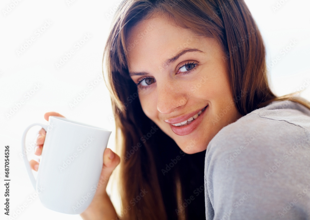 Morning, coffee and portrait of woman in home for relaxing, calm and happy on weekend. House, apartment and face of person smile with mug for warm beverage, tea and drinking caffeine in bedroom